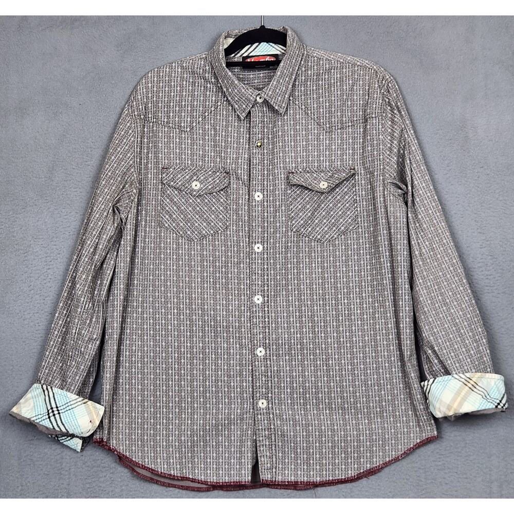 MAMBO AUSTRALIA Shirt Mens Large Gray Button Up Flip Cuff Roll Tab Sleeves